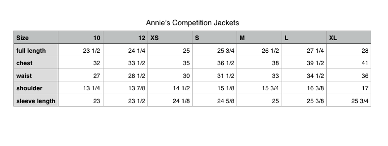 Annie's Competition Jackets Size Chart